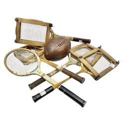 Quantity of early 20th century and later tennis rackets, to include Artus Majesty, Dunlop Alpha, Atlas Silver Shield and Raleigh Konni, together with a stitched rugby ball