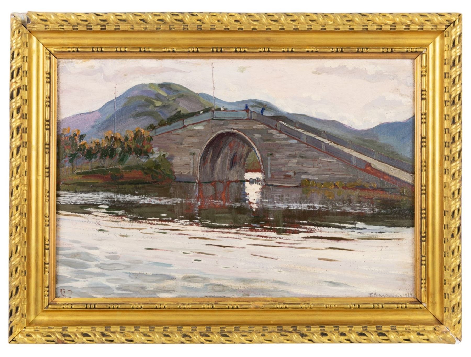 Victor Stepanovich Podgoursky (Russian 1893-1969): Chinese River Landscape, oil on board signed and dated 1928, 31cm x 46.5cm 
Notes: Russian artist who lived in China for 27 years and taught at the Shanghai Academy of Fine Arts. He was known for his paintings of Chinese life 