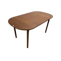 AH McIntosh & Co of Kirkaldy - mid-20th century teak extending dining table, rectangular top with rounded corners, concealed integrated double leaf, raised on tapered supports, 'Furniture by McIntosh sticker to underside of leaf