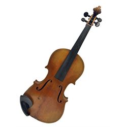 German trade violin c1900 copy of a Maggini with 36.5cm two-piece maple back and ribs and spruce top; double scroll; L60cm overall; in carrying case