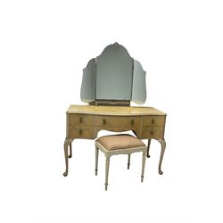 F Wrighton & Sons Ltd -  French style painted serpentine dressing table, with triple mirror back, on cabriole supports (106cm x 55cm x 135cm), and F Wrighton & Sons Ltd - French style narrow double wardrobe (92cm x 54cm x 187cm)