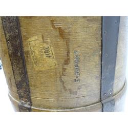 Large 19th century oak grain measure, of cylindrical form bound with iron mounts, impressed detail E Dupont, H44cm D40.5cm