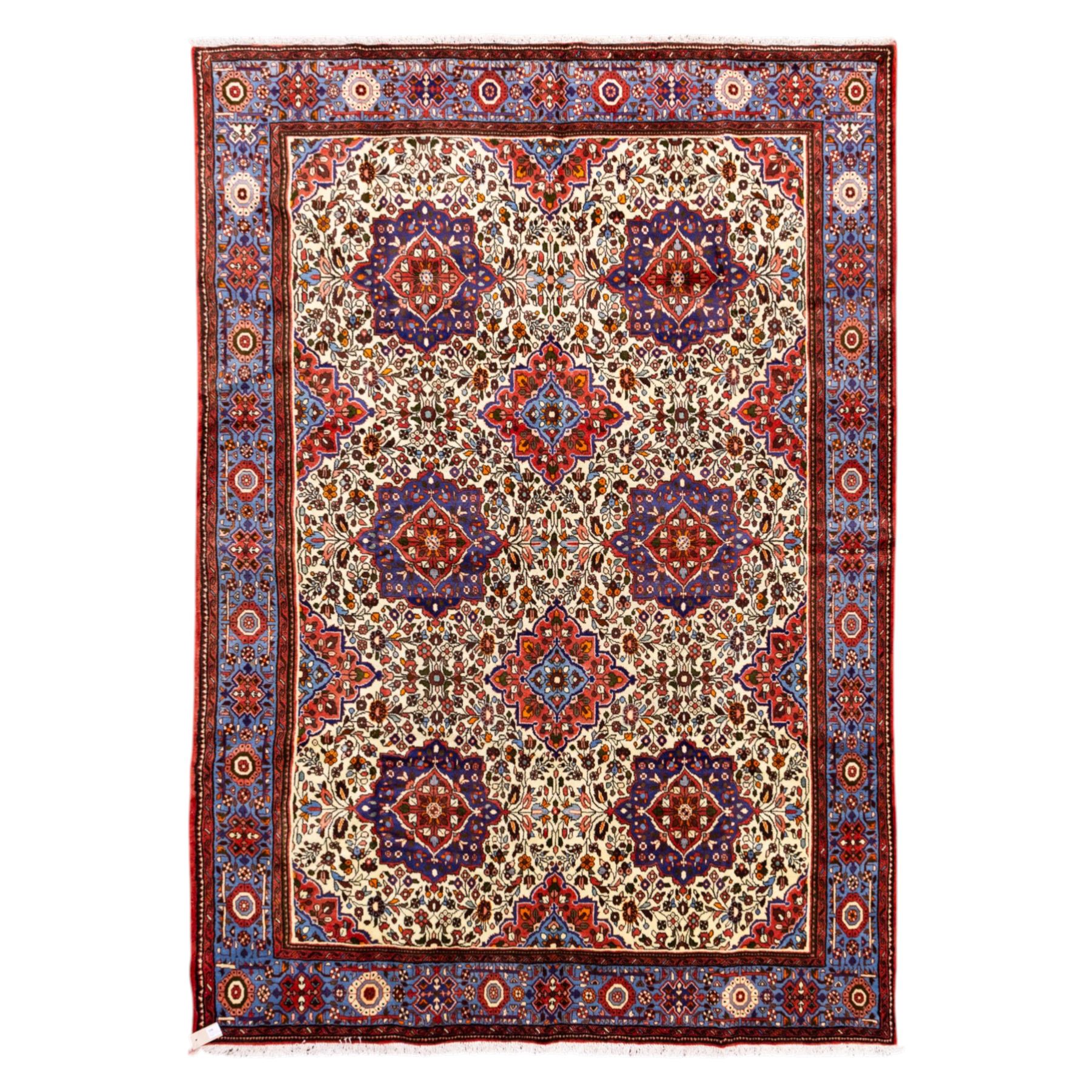 West Persian Hamadan hand-knotted rug, ivory field decorated with a repeating lattice of stylised geometric medallions interspersed with small floral motifs and angular vine ornament enclosed by a sky blue border of stylized rosettes and geometric devices between multiple guard stripes, with cotton fringe ends  