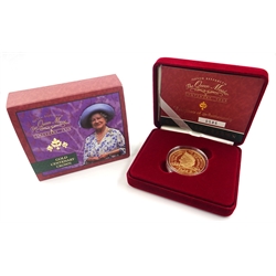 Queen Elizabeth II 2000 gold proof five pound coin, 'The Queen Mother Centenary Year', struck in 22 carat gold, cased with certificate, number 586