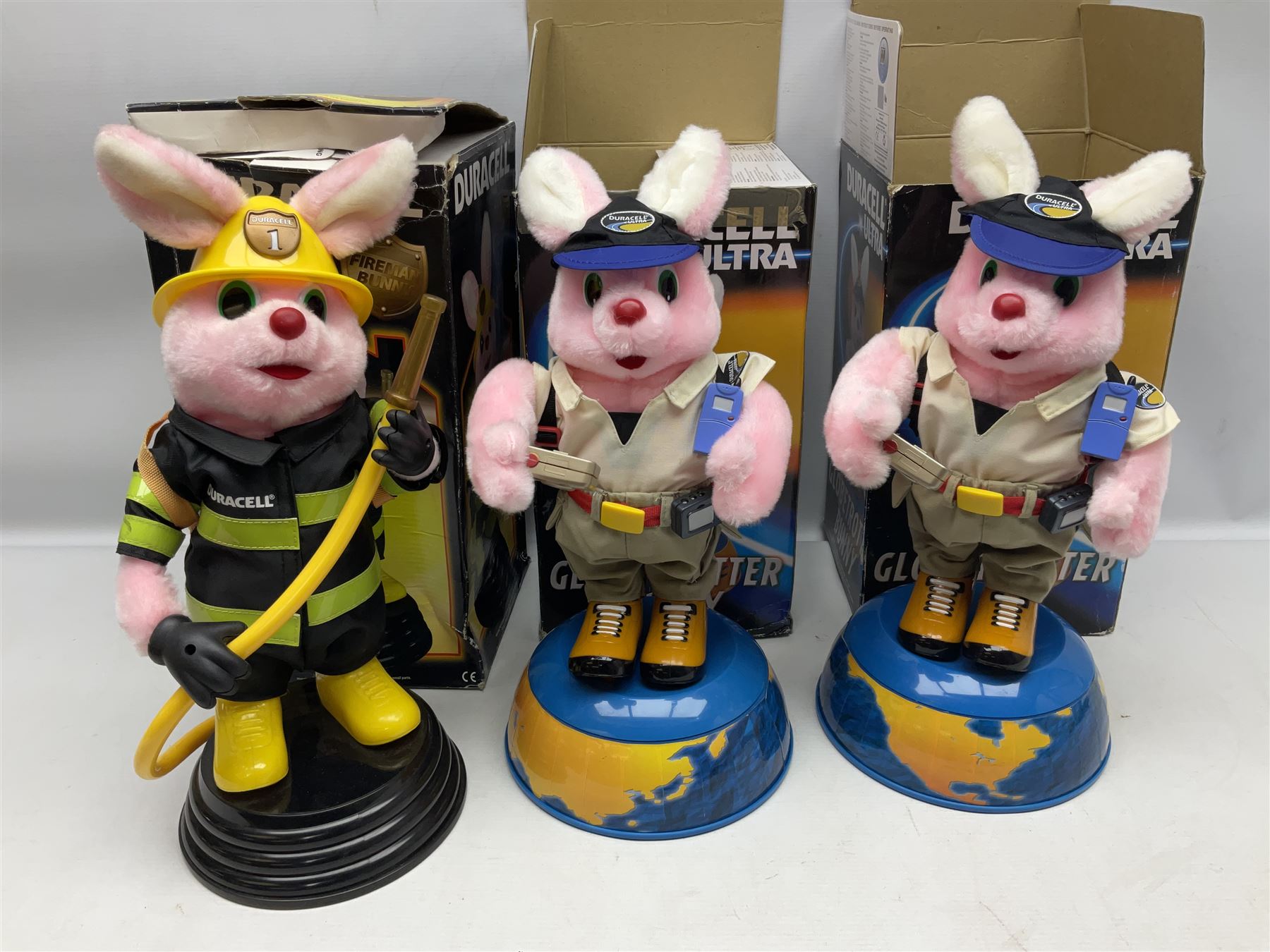Collection of battery operated Duracell Bunny advertising figures, comprising two limited edition France 98 World Cup football bunnies, racing bunny, football bunny, two globetrotter bunny, fireman bunny and Christmas bunny, all boxed