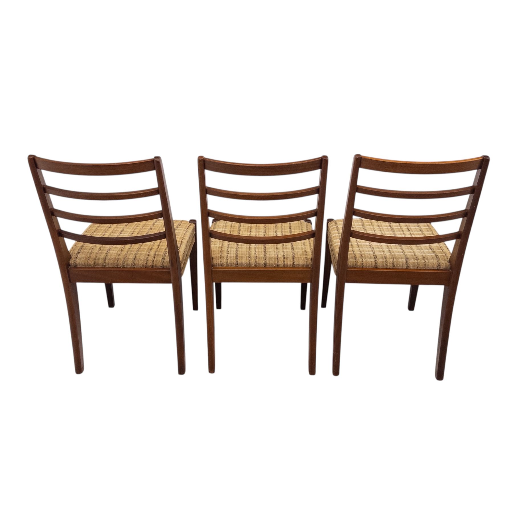 Mid-20th century teak oval extending dining table with set of six teak ladder back chairs with upholstered seats, table W150xD91xH74cm, 199cm extended, chairs W41xD43xH94cm