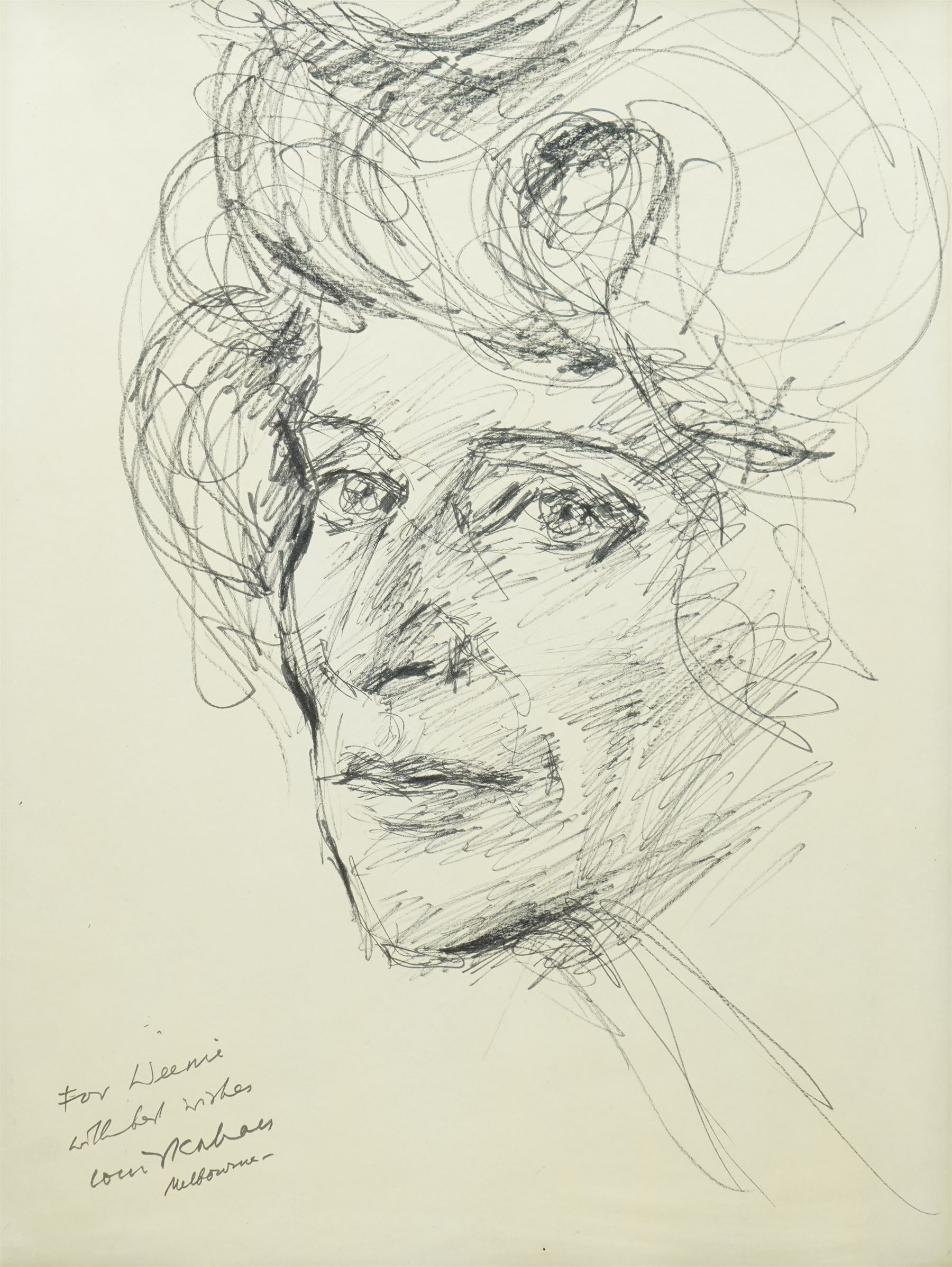 Louis Kahan (Australian 1905-2002): Portrait of Ann Roughly, pen and ink sketch signed and inscribed 49cm x 37cm