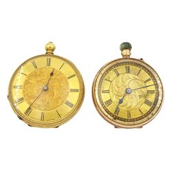Early 20th century 18ct gold key wound cylinder fob watch and a smaller 9ct gold keyless cylinder fob watch, both with gilt dials and Roman numerals, stamped