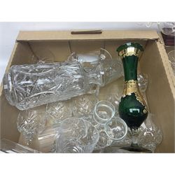 Quantity of crystal and glass ware, to include drinking glasses, Waterford crystal mantel clock, decanter, etc, in two boxes 