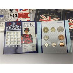Fourteen Queen Elizabeth II United Kingdom uncirculated coin collections, dated 1983, 1984, two 1985, 1986, 1987, 1988, 1989, 1990, 1991, 1992 including dual dated 1992/1993 EEC fifty pence, 1994 and two 1995, all in card folders