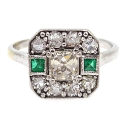  White gold diamond and emerald ring, stamped 18ct  
