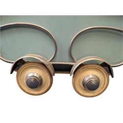 Mid 20th century Dutch baby pram/stroller, with wooden teal sides and chrome chassis, with retailers label for Mors Ouderwetse Kinderwagens, handle H100cm, L130cm