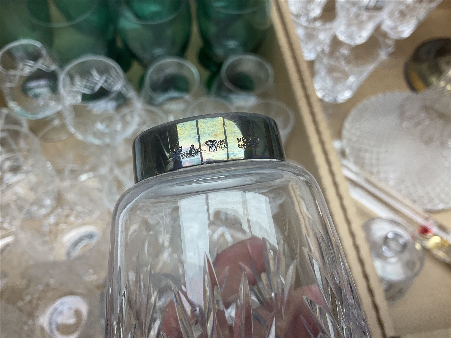 Quantity of glassware to include Mats Jonasson koala paperweight, set of six Stuart drinking glasses, seven green wine glasses with ovoid bowls, decanter, brass lamp etc