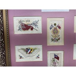 Thirty-five WW1 embroidered silk postcards including regimental crests, flags of the Allies, envelope type with greeting card inserts, Christmas and birthday cards etc; mounted and glazed in three graduated modern matching gilt frames (3)