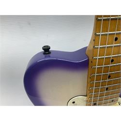 Canadian Godin SD electric guitar in two-tone purple/white with bird's eye maple neck and tremolo, serial no.98455463, L100cm overall; in soft carrying case.