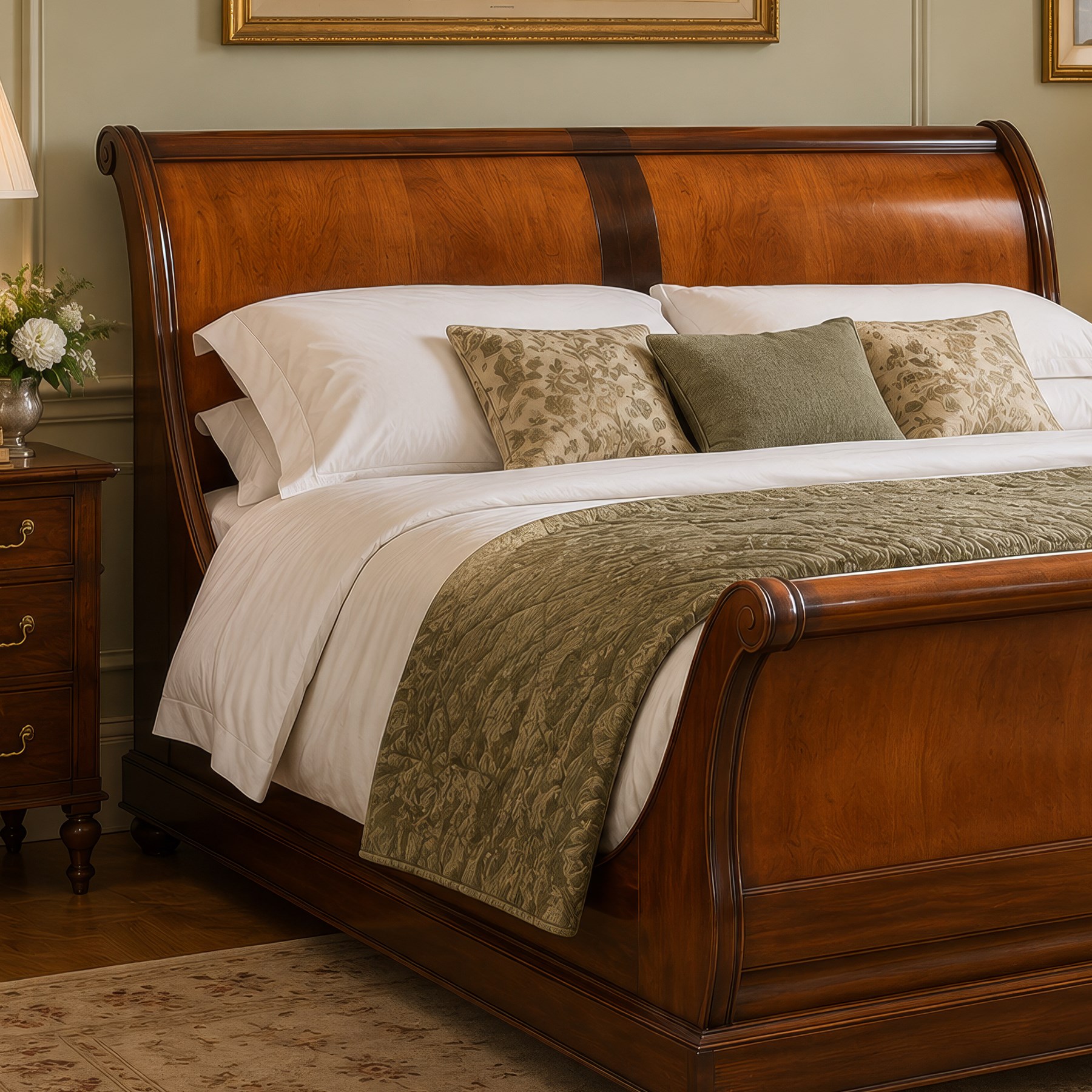 And So To Bed - 5' king size 'Palais' cherry wood sleigh bed, the cylindrical rolled head and foot rails over panelled boards with darker crossbanded detail, shaped scroll ends and moulded plinth base, with Vi-Spring divan base