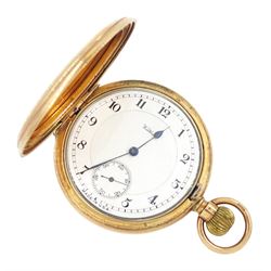 Early 20th century 9ct gold full hunter keyless lever pocket watch by American Watch Company, Waltham, No. 20107240, white enamel dial with Arabic numerals and subsidiary seconds dial, makers mark T R & S, Chester 1922