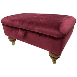 Duresta - traditional shape armchair upholstered in burgundy red velvet, on square tapering front supports (W88cm, H85cm, D103cm); together with a matching rectangular footstool with hinged seat, on turned feet with brass castors (73cm x 54cm, H38cm)