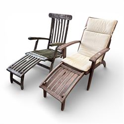 Two teak steamer chairs, one with cushion