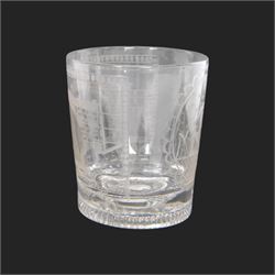 Unusual 19th century Sunderland Bridge and Masonic glass tumbler, circa 1800-1830, of slightly tapering cylindrical form, engraved with a masted frigate sailing beneath the Sunderland Bridge, and circular panel containing Masonic symbols including sextant, keys, and sun, moon and stars verso, with moulded concentric ring beneath, H9cm