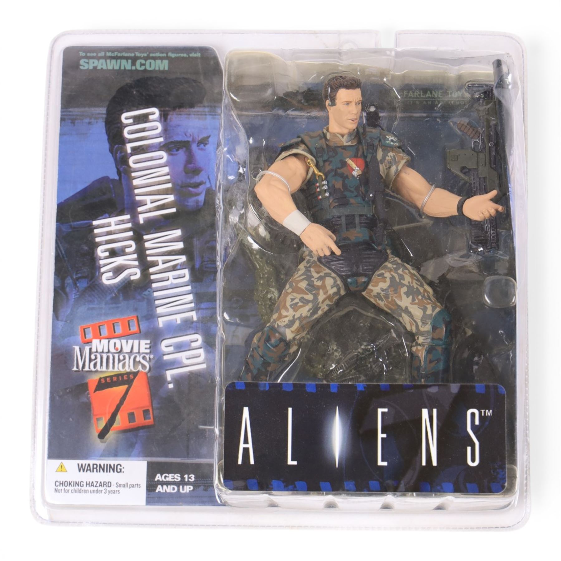 Three McFarlane Toys Movie Maniacs Alien and Predator action figures, comprising Alien Resurrection Warrior Alien, Predator 2 Predator the Hunter and Aliens Colonial Marine CPL Hicks, all carded