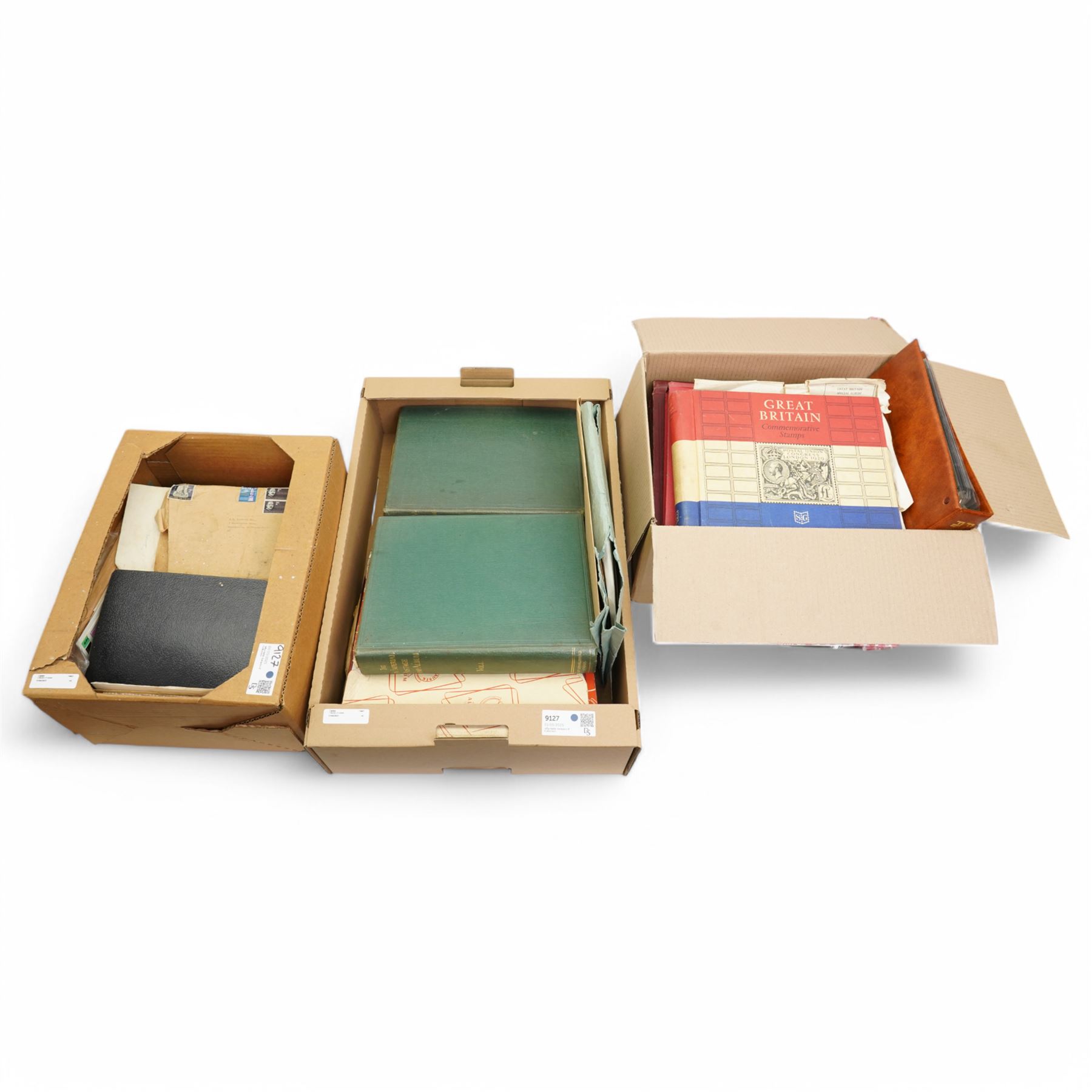 Great British and World stamps, including Queen Victoria penny black, Stanley Gibbons 'Commemorative Stamps' album King George V to Queen Elizabeth II pre-decimal, George V and VI Commonwealth, folder of 19th century and later stamps on covers, first day covers, etc, housed in various albums or folders and loose