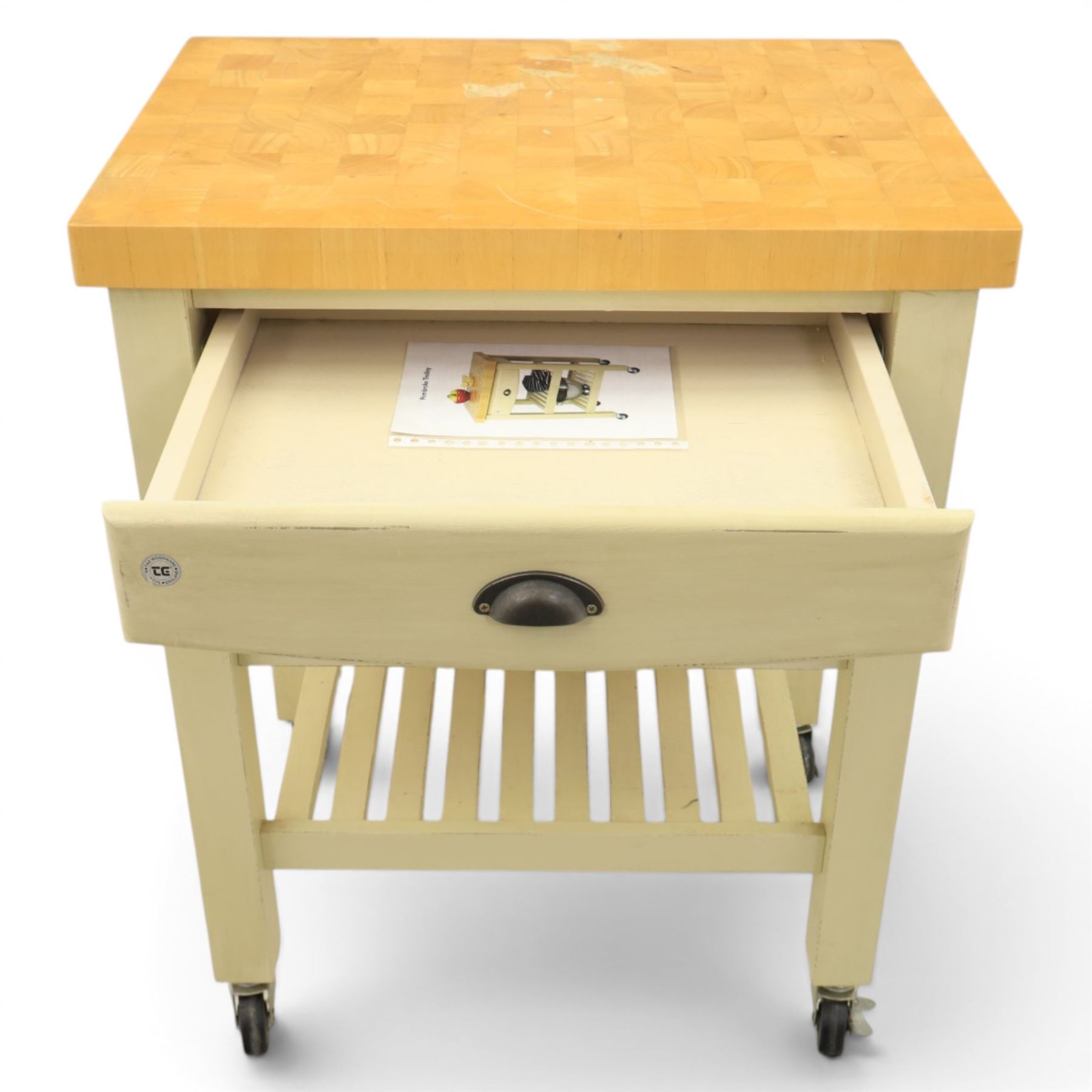 T & G Woodware - 'Pembroke Trolley' contemporary butchers block kitchen trolley, single drawer, two tiers of shelving raised on castors