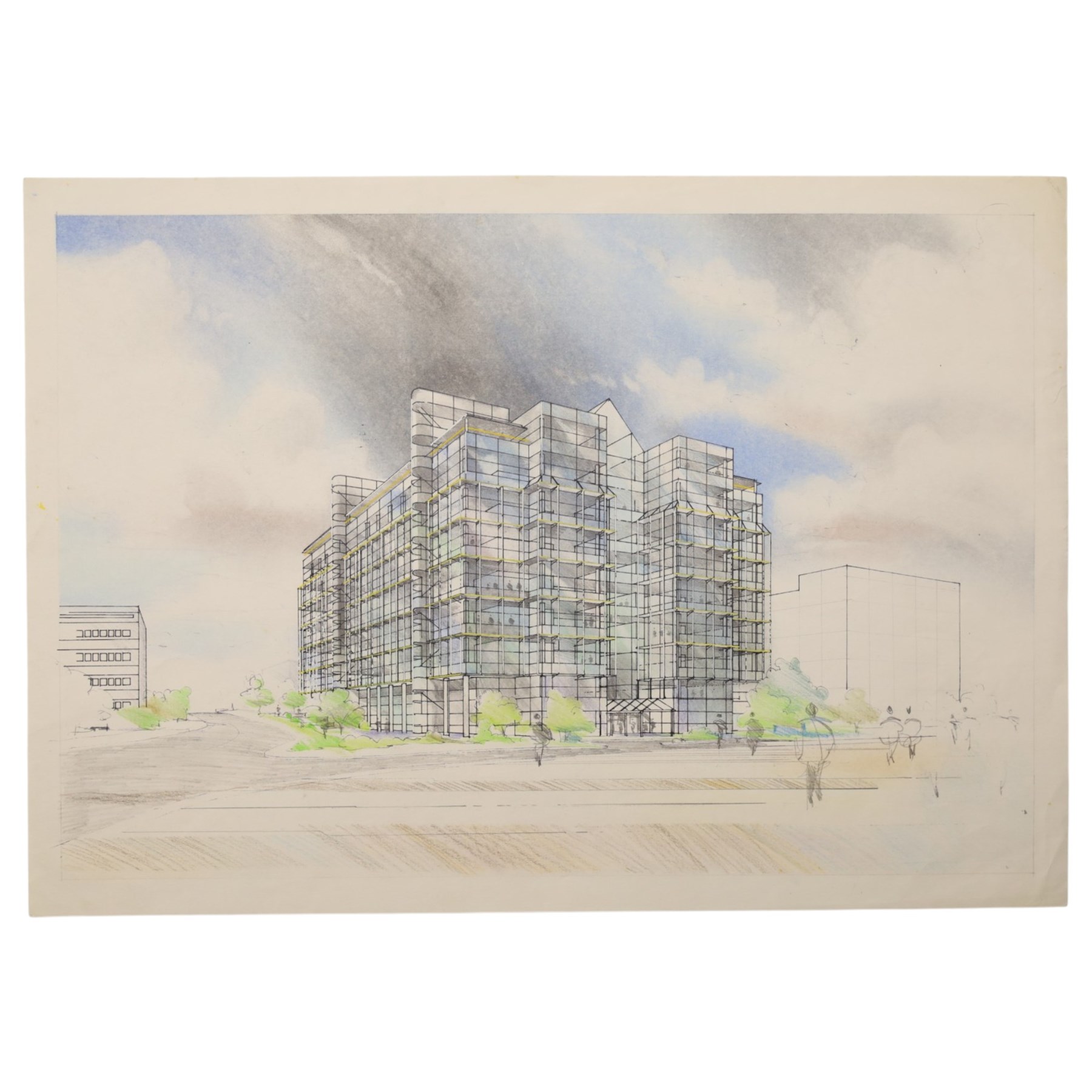 J H McCoy (20th Century): Architectural perspective of Moscow, watercolour heightened with white signed and dated 1989; John S Robinson (British 20th Century): Architectural perspective of a London Building, gouache signed; Architectural perspective of Imperial Chemical Industries Headquarters Slough and an angular interior, two mixed medias unsigned max 54.5cm x 48.5cm (4) (unframed)