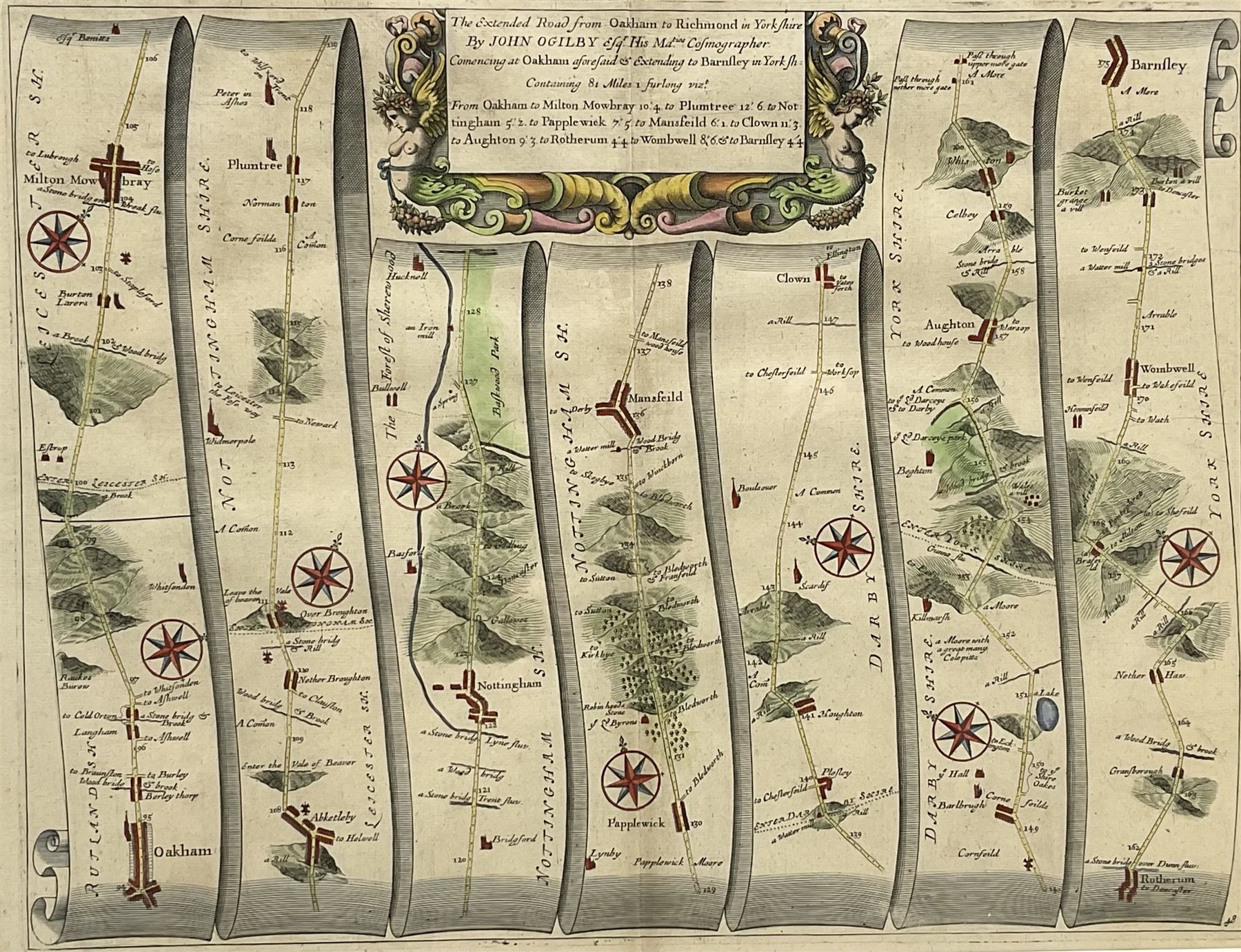 John Ogilby (British 1600-1676): 'The Extended Road from Oakham to Richmond in Yorkshire', late 17th century engraved strip map with hand colouring 35cm x 46cm