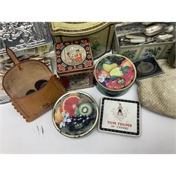 Vintage tins, including Ringtons examples, two handbags and a collection of coins and stamps