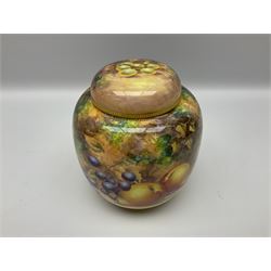 Mid/late 20th century Royal Worcester ginger jar and cover decorated by R Lewis, hand painted with a still life of fruit upon a mossy ground, signed R Lewis, with black printed mark beneath and painted shape number 2826, H17.5cm