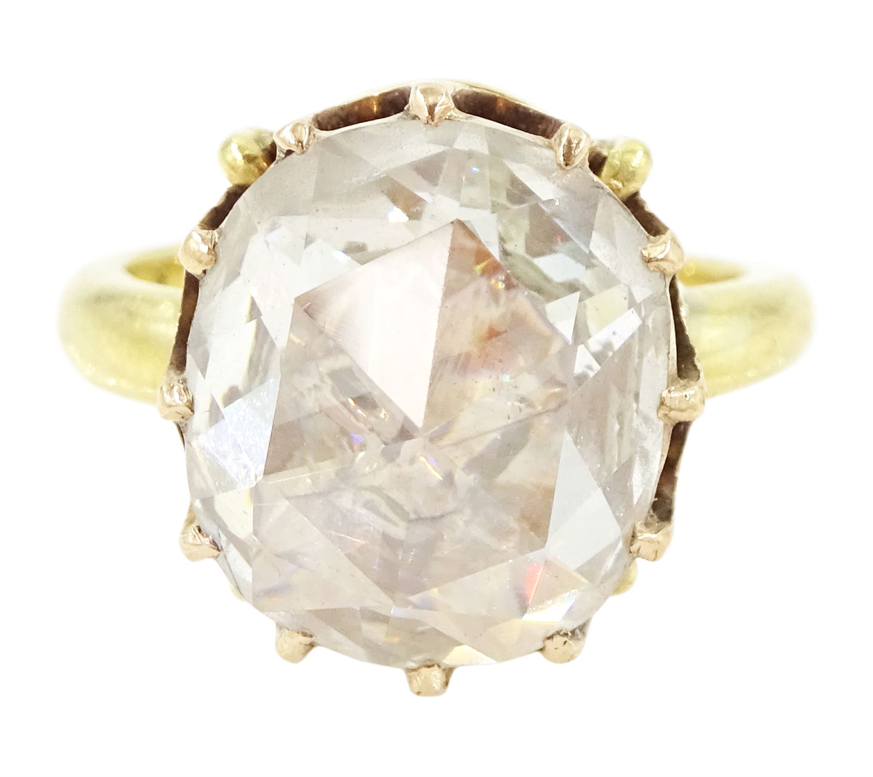 19th century 15ct gold single stone diamond ring, the backed oval rose cut diamond measuring approx 11.13mm x 9.69mm, in a twelve claw setting, in an 18ct gold shank
