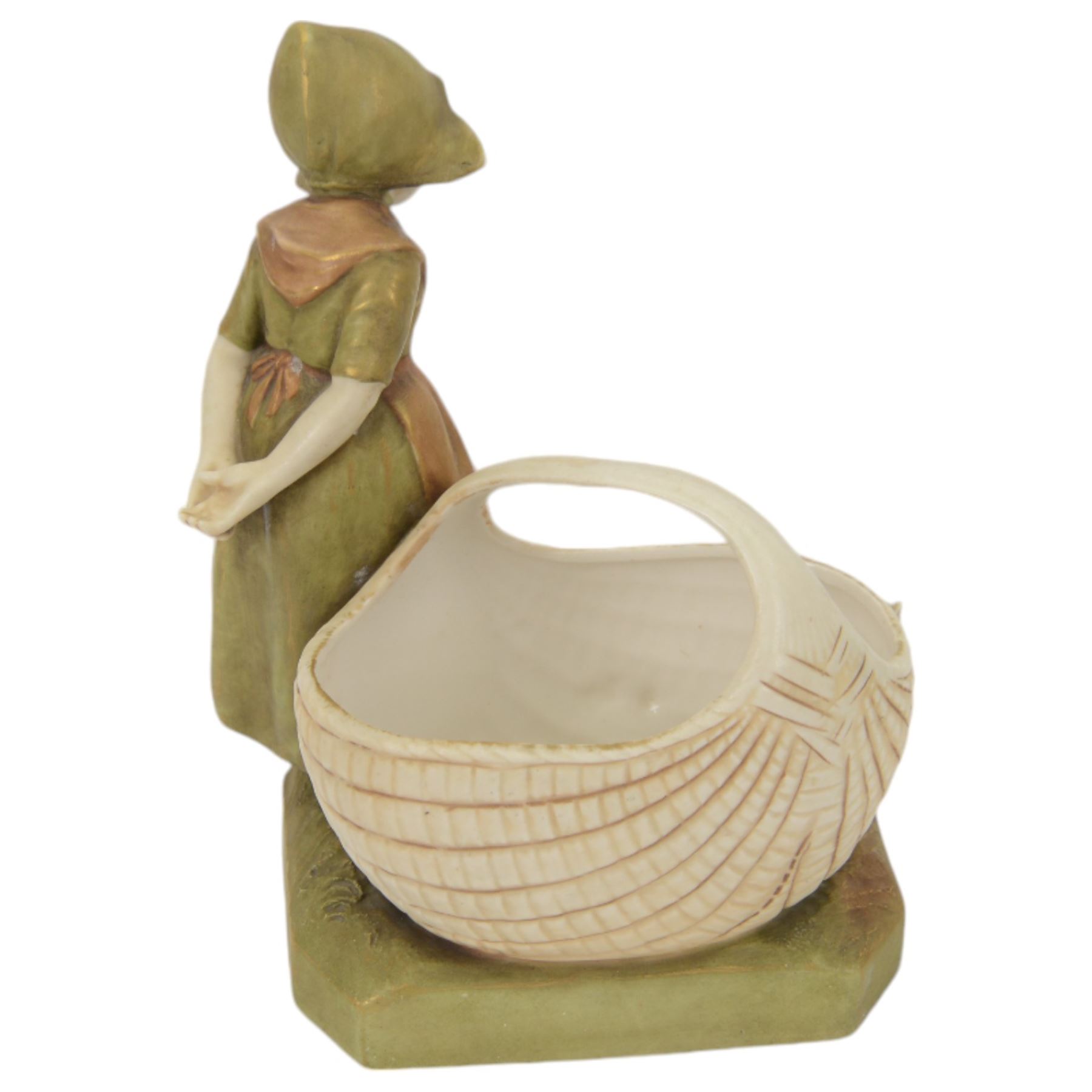 Royal Dux figural bowl, modelled as a young lady lying beside a shell, impressed 562`to base, together with Royal Dux Dutch girl figural baskets, modelled with geese and chickens next to woven baskets, impressed 2278 to base, largest H26cm