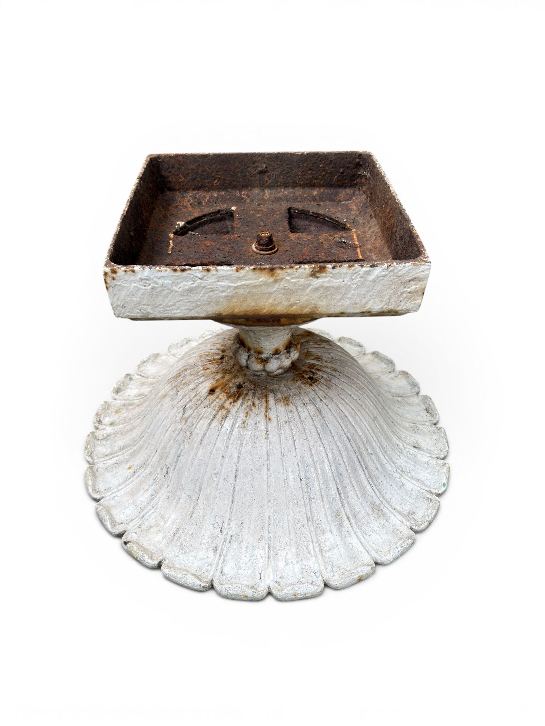 Coalbrookdale - pair of 19th century cast iron petal rim urns, squat form on square plinth, finished in distressed white paint, design registration number 133334, first registered 19 september 1860, number 19 in the Coalbrookdale Castings Catalogue (see illustration)