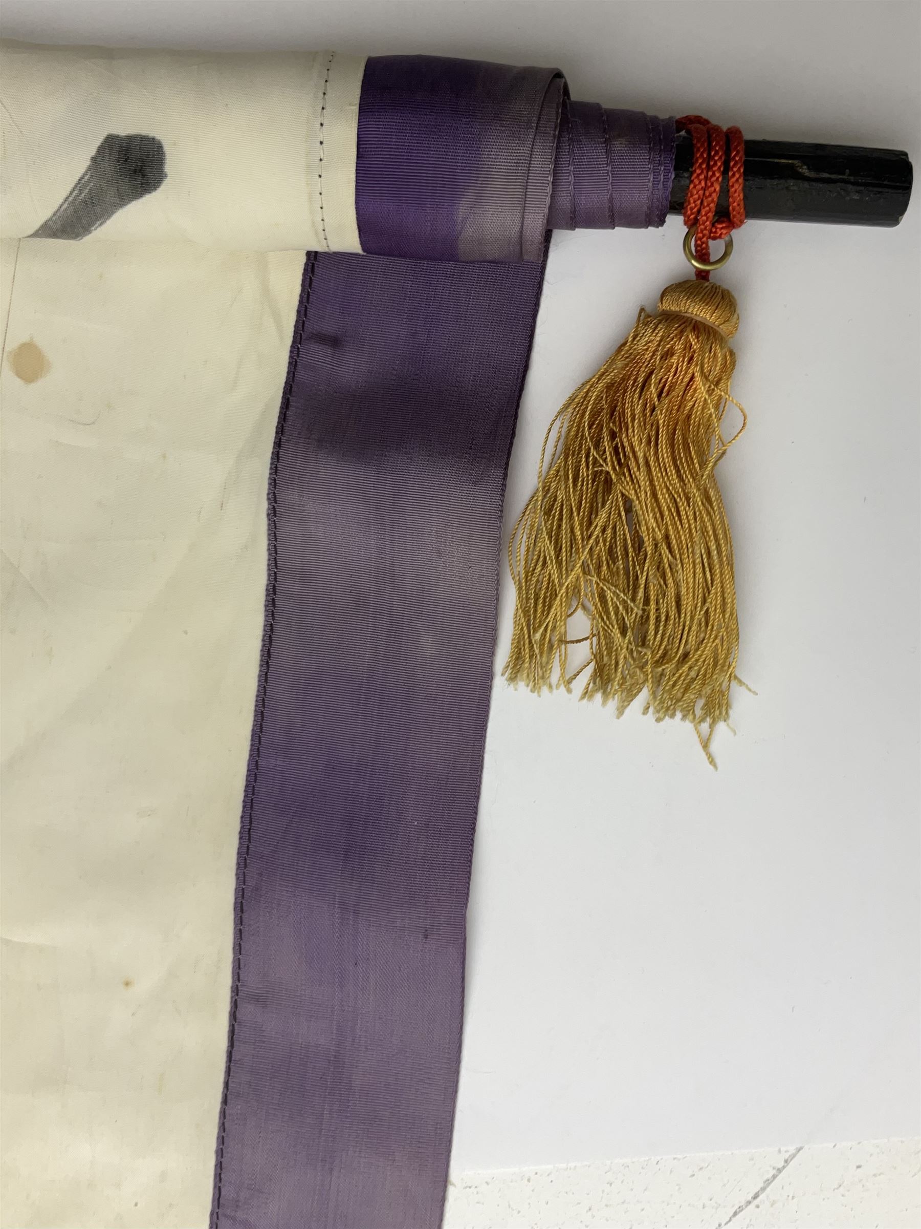 WWII Second World War Imperial Japanese Hata ' Going To War ' silk banner, with crossed flats to top with Japanese flag and Rising sun motif, with text relating to Army and Soldier L173cm