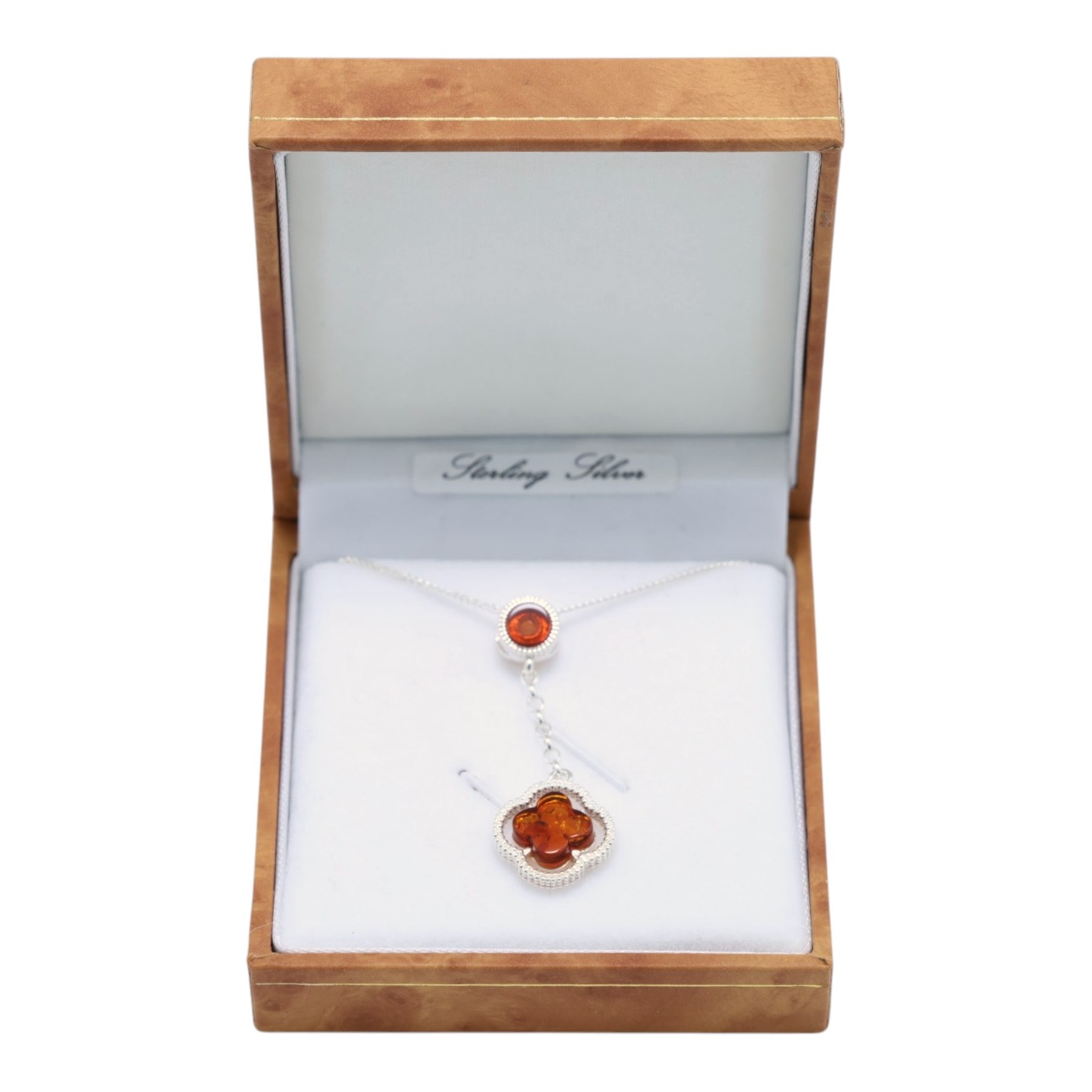 Silver amber pendant necklace, boxed