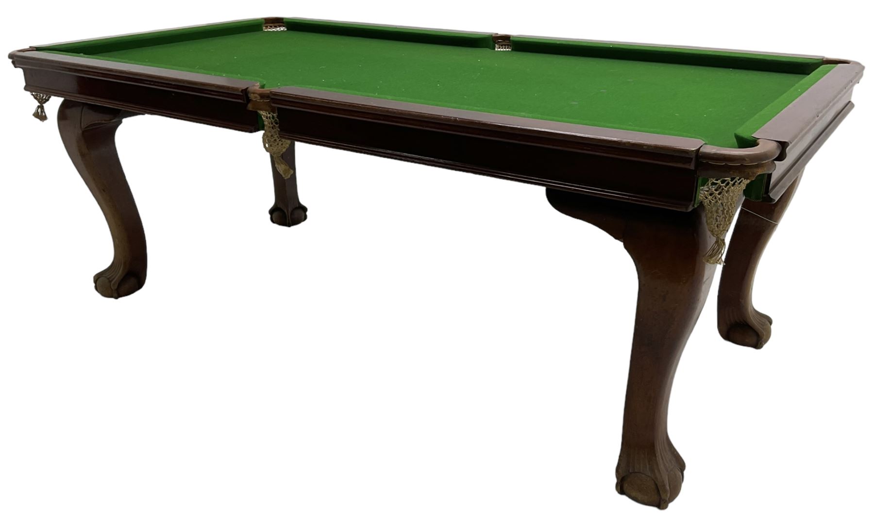 Riley - early 20th century mahogany snooker dining table, slate bed snooker table with dining leaves, on cabriole supports with ball and claw feet; together with accessories 