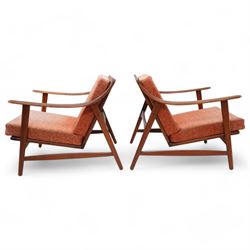  Arne Hovmand-Olsen (1919-1989) for Mogens Kold of Denmark - pair of mid-20th century teak open easy chairs, sprung loose cushions upholstered in loose foliate patterned burnt orange fabric, stamped to underside of chair