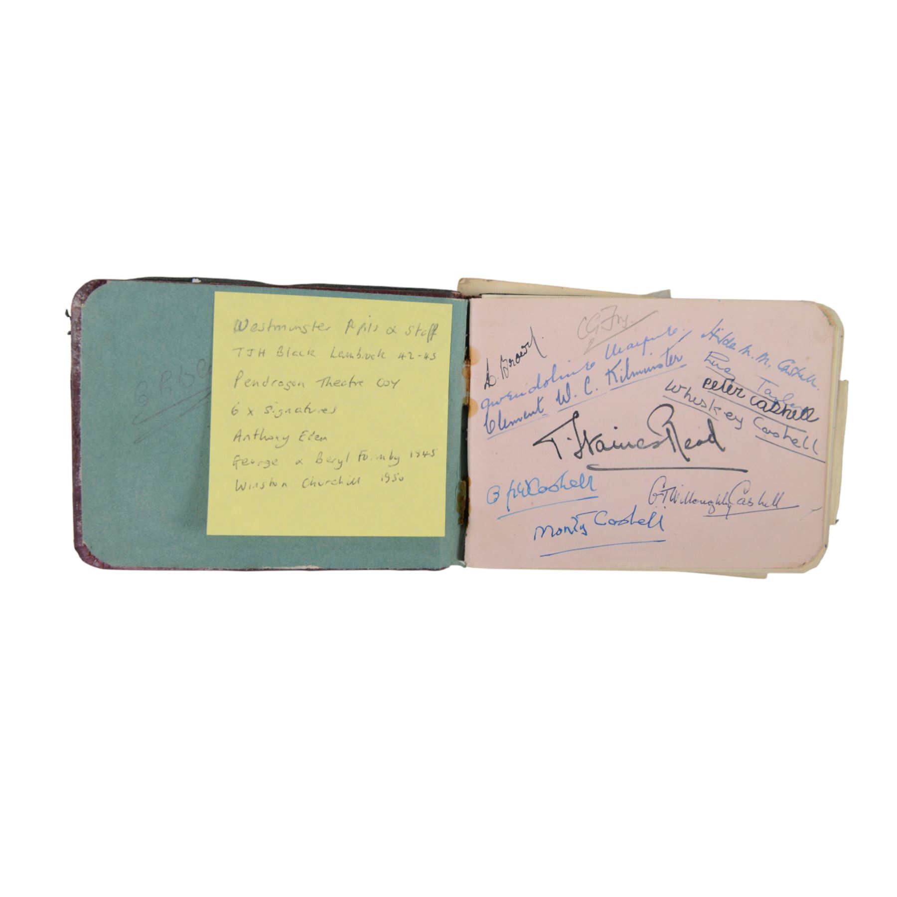 1940s/1950s autograph and sentiment book, with various signatures, including spurious signature for former Prime Minister Anthony Eden, together with a facsimile printed letter dated November 30 1950, 'Thank you so much for your good wishes on my birthday' the paper embossed with House of Commons logo and with printed Winston Churchill signature