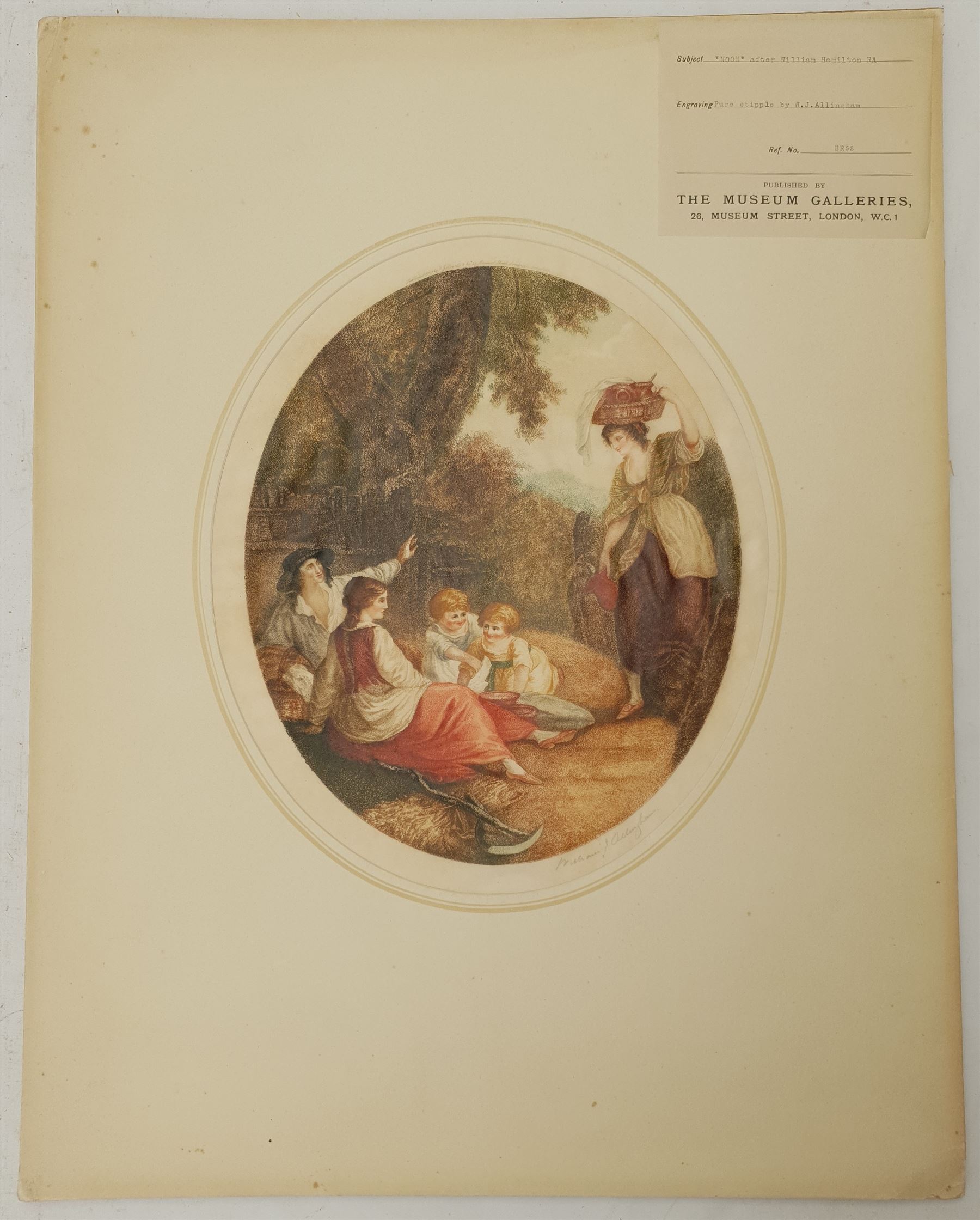 After William Hamilton RA (British 1751-1801): 'Morning Noon Evening and Night', set four colour stipple engravings by William J Allingham signed in pencil 32cm x 27cm (4) (unframed) 
Provenance: pub. GJ Howell, Museum Galleries, London 1919