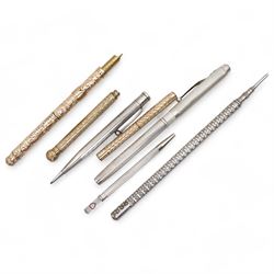 Propelling pen/pencil in gilt metal embossed case, Yard o Lette silver pencil,  silver bridge marker, two other silver pencils and two rolled gold pencils