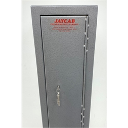 Jaycab steel gun cabinet with double locking single full length door for storage of four guns with inner lockable top box for ammunition, internal gun space H126cm W25cm D21cm with two sets of door keys and one internal key H151cm