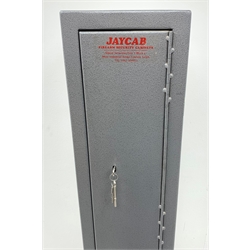 Jaycab steel gun cabinet with double locking single full length door for storage of four guns with inner lockable top box for ammunition, internal gun space H126cm W25cm D21cm with two sets of door keys and one internal key H151cm