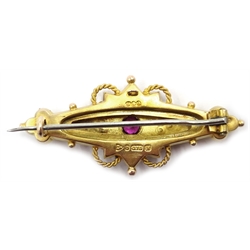  9ct gold seed pearl and amethyst set brooch, Chester 1913  