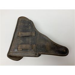 WWII German brown leather holster with side magazine pouch for a Walther P.38 semi-automatic pistol, stamped P38 and OWX 1941 on back L24.5cm