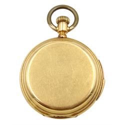 18ct gold full hunter keyless quarter repeating lever pocket watch, the gold inner dust cover engraved 'No 540 Antonio Veronesi Cairo', white enamel dial with Arabic numerals, case by Paul Jeannot  Geneve, stamped 18K