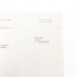 Adolf Hitler personal stationary, comprising three blank pieces of paper of varying sizes, one embossed to the top left Der Fuhrer, another Adolf Hitler, with his address Berlin W8 Kanzlei Des Fuhrers, Der NSDAP AMT 1, the third Kanzlei Des Fuhrers, Der NSDAP.
By vendor repute taken from Hitler’s desk in Berlin at the end of the war, by Harold Webster, one of the first soldiers who got into the war rooms 