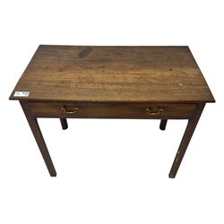 Early 20th century oak side table, rectangular top with rounded edges over single frieze drawer with brass pull handles, raised on square supports