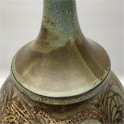 John Egerton (c1945-): studio pottery stoneware lamp base, decorated with cranes in a riverscape upon a mottled brown ground, H51cm