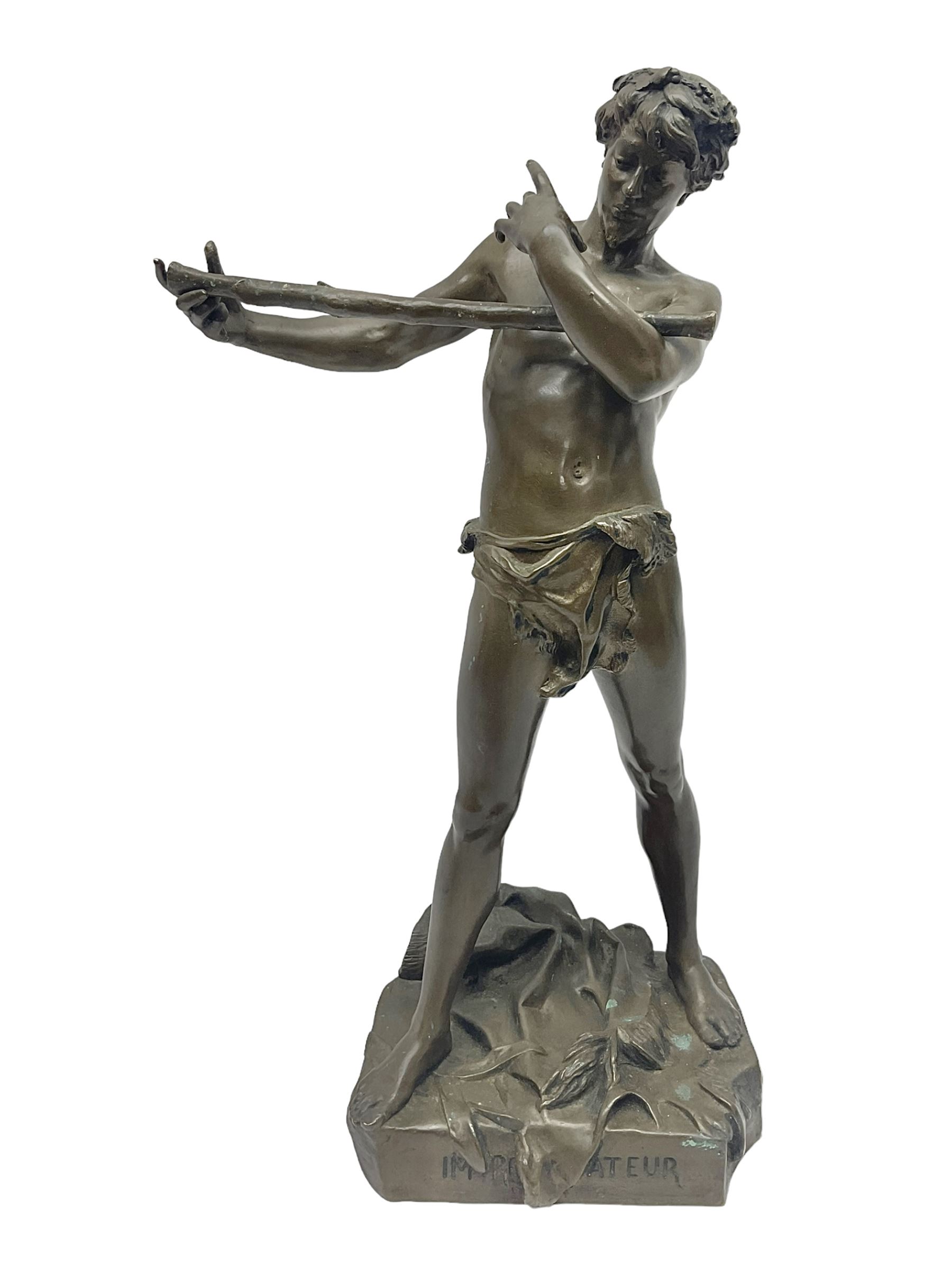 After Felix Carpentier, Improvisateur; bronzed figure of a man playing the flute, marked Felix Charpentier, H35